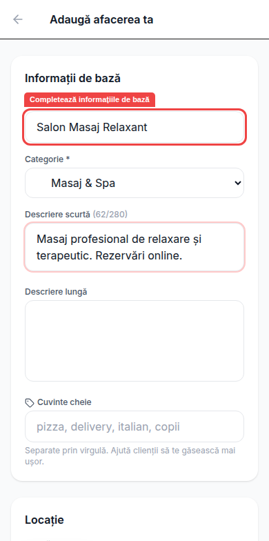 Completare info afacere