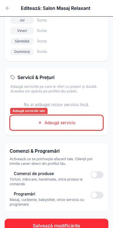 Secțiunea Servicii & Prețuri din dashboard
