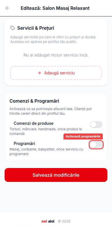 Toggle programări activat în dashboard
