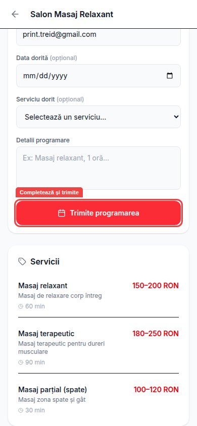 Formularul de programare văzut de client