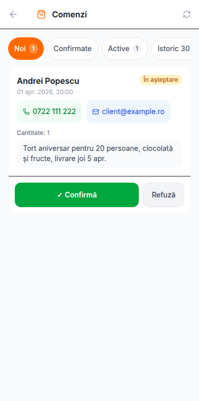 Tab-ul Comenzi din dashboard